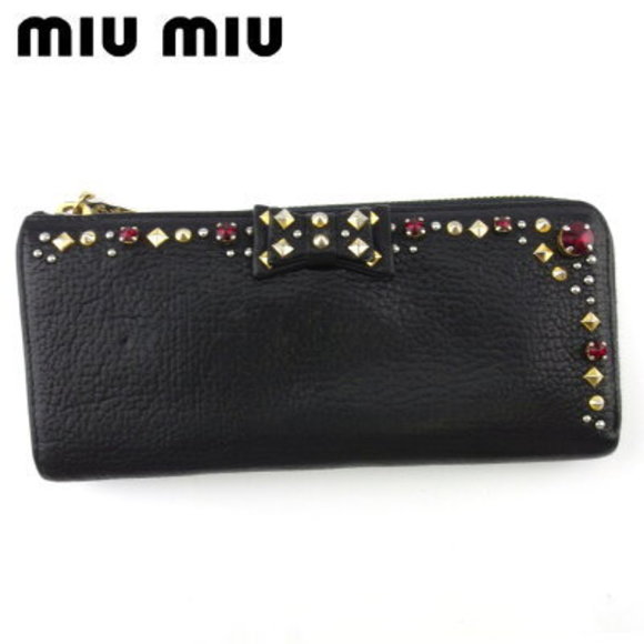 Miu Miu long Wallet zipper studs stones ribbon leather Black red - Picture 1 of 6